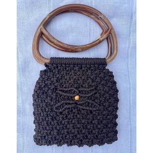 Retro 1970s Brown Macrame Clutch Knit Handbag Vintage Purse